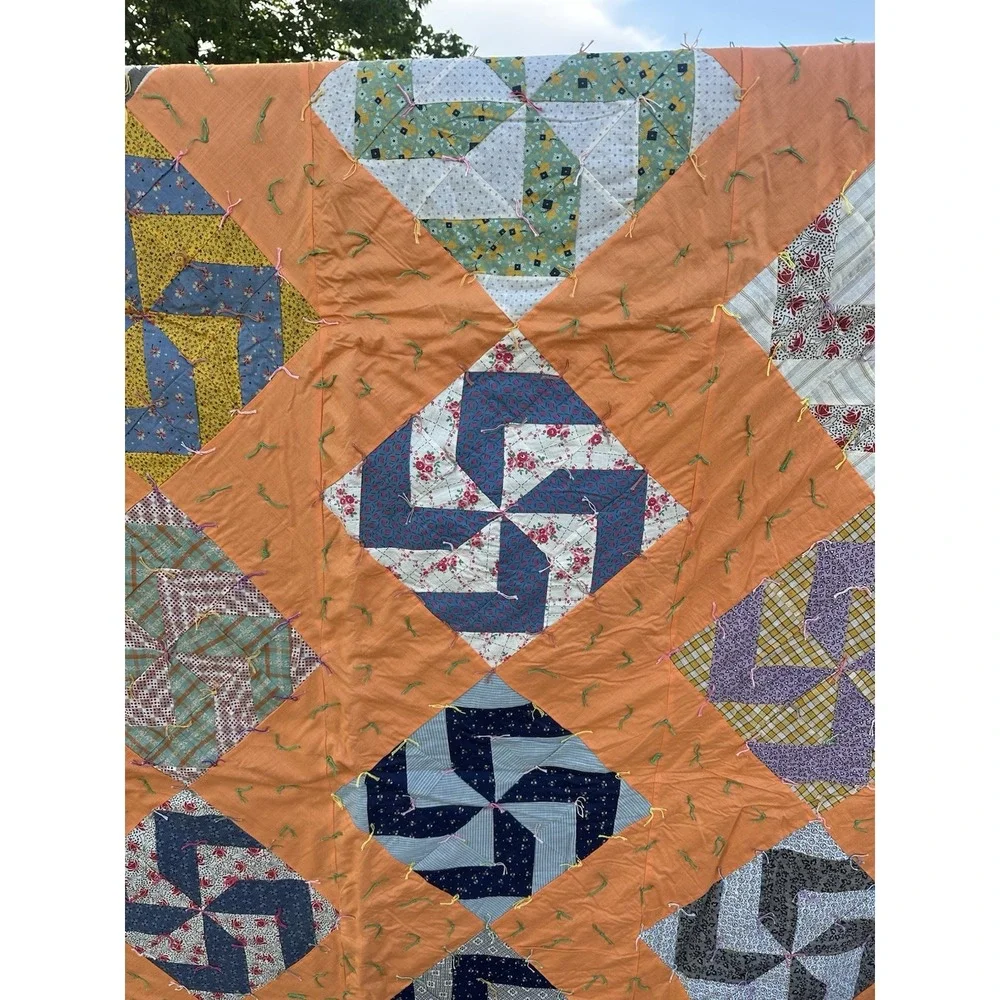 Vintage Hand Stitched Pinwheel Quilt, Approximately 68